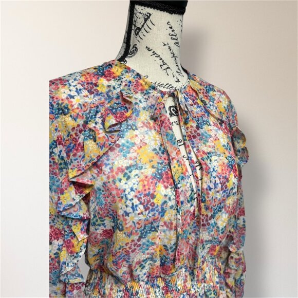 ZARA Pink Floral Ruffle Tiered Long Sleeve Mini Dress Boho Cottagecore Fairy L - Picture 3 of 8